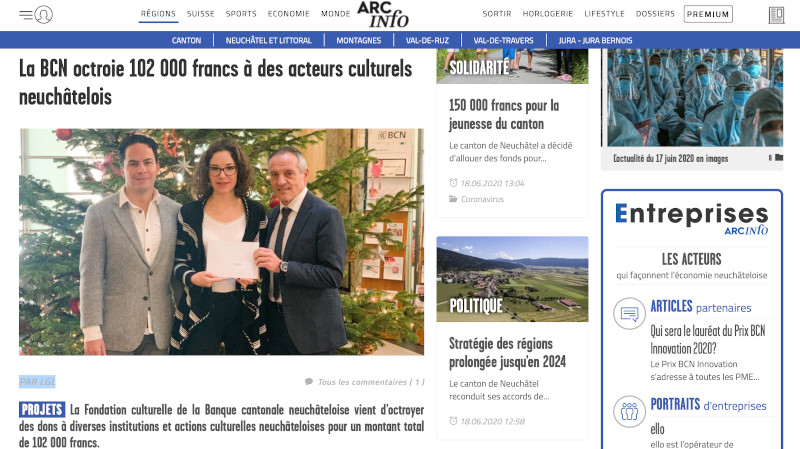 ArcInfo : « La BCN octroie 102 000 francs à des acteurs culturels neuchâtelois »