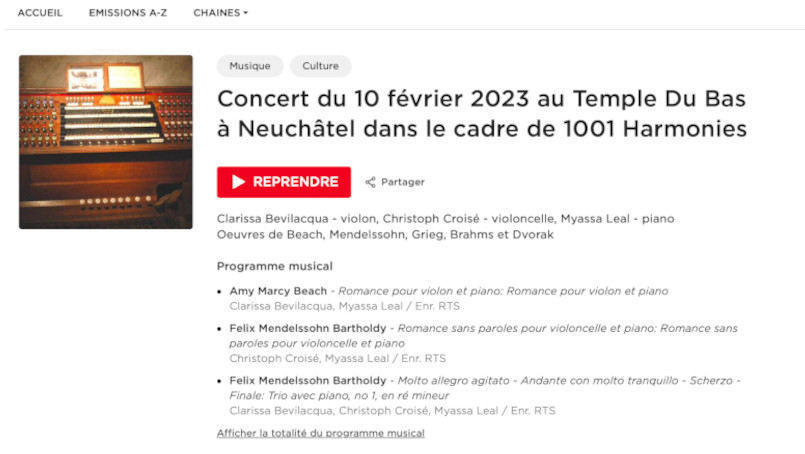 Diffusion du concert n°3 dans l’émission “Concert Nomade” de la RTS